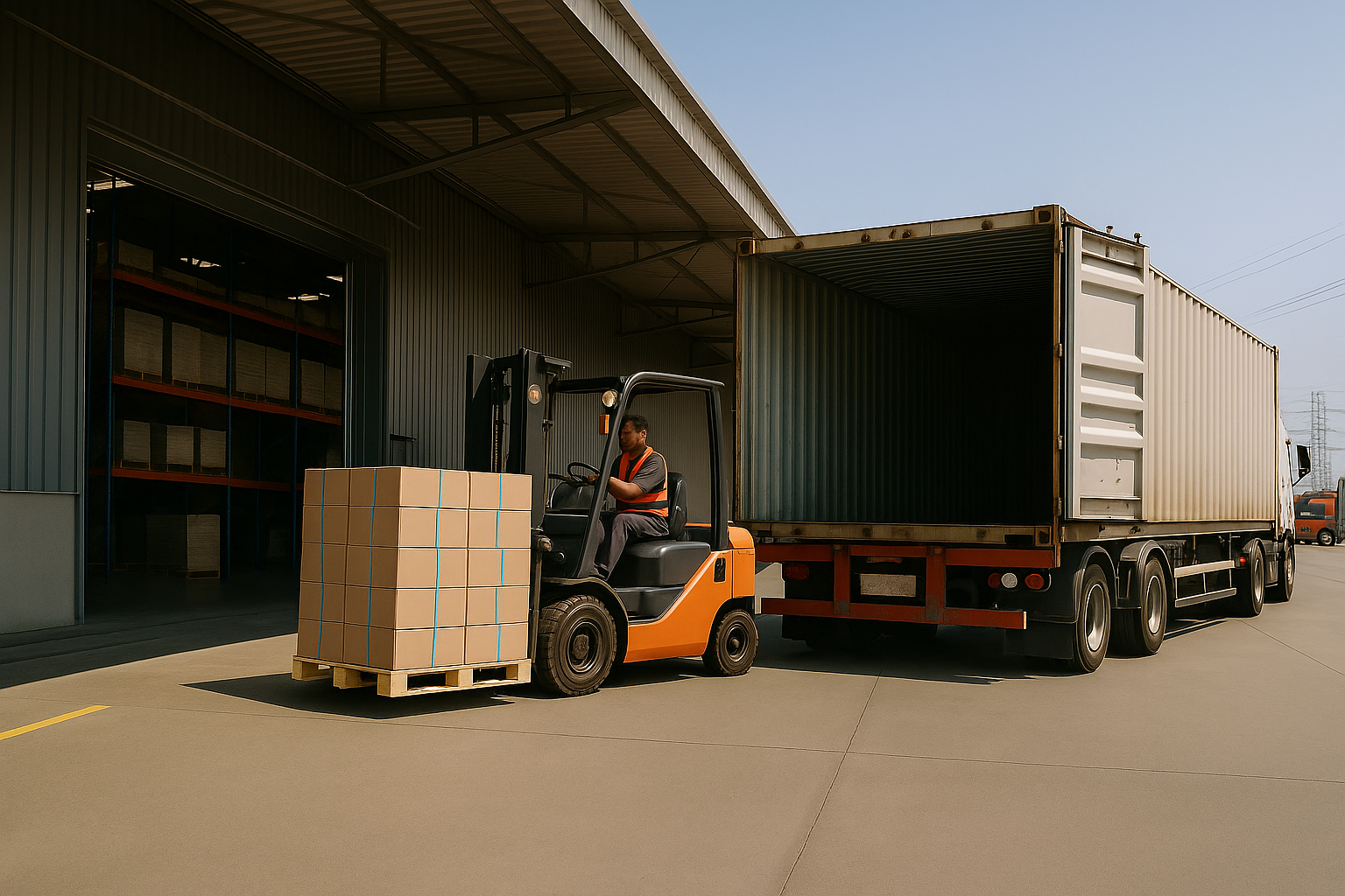 Um container sendo descarregado com empilhadeira